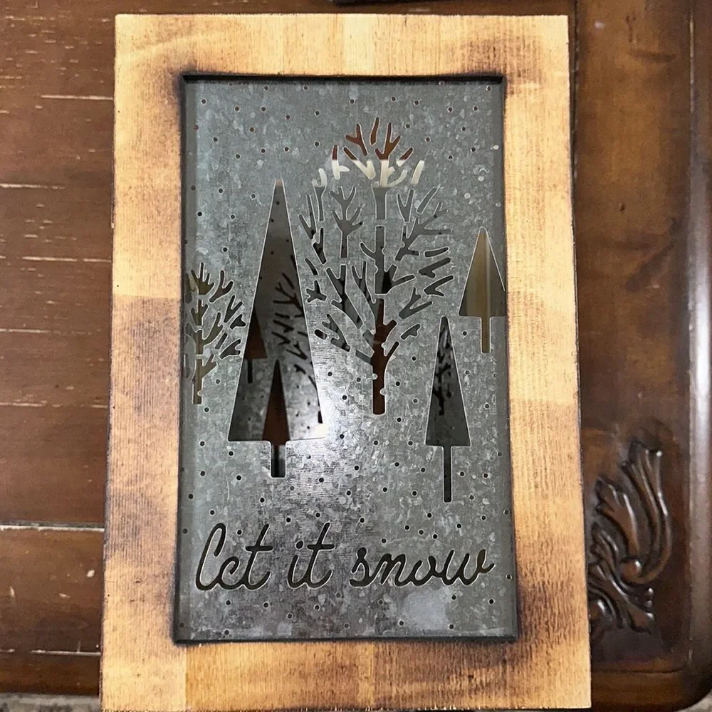 Torched Wood Tin Metal Combo Winter Holiday Gift Box Candle Light Holder